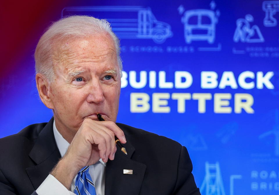 U.S. President Joe Biden meets virtually with governors, mayors, and other state and local elected officials to discuss the bipartisan Infrastructure Investment and Jobs Act, in the South Court Auditorium at the White House in Washington, U.S., August 11, 2021. REUTERS/Evelyn Hockstein