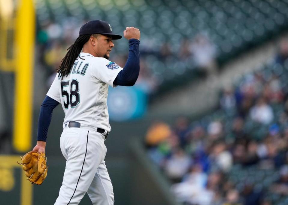 Seattle Mariners starting pitcher Luis Castillo reacts after the first inning against the Los Angeles Angels in a baseball game Tuesday, April 4, 2023, in Seattle. (AP Photo/Lindsey Wasson)