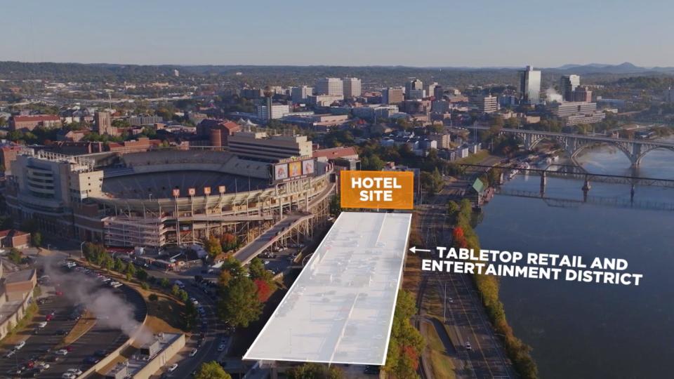 An artist rendering shows the proposed site of the Neyland Entertainment District, including a hotel, restaurants and retail, on the south side of Neyland Stadium at University of Tennessee.