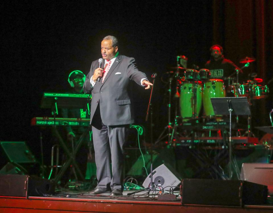 Marco Sommerville, deputy mayor for intergovernmental affairs, emcees a concert at the Akron Civic Theatre Dec. 15 featuring a lineup of Black jazz entertainers.