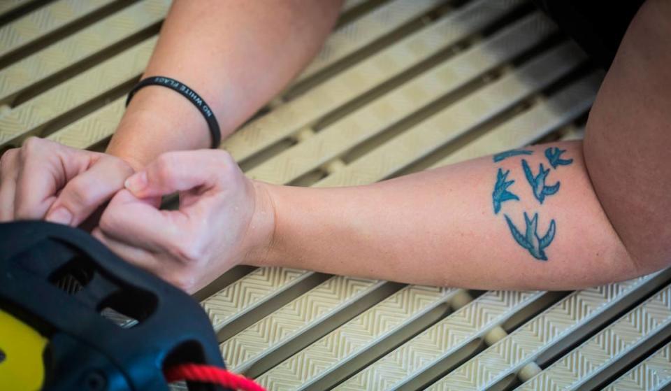 Andrea Peet, pictured here on Feb. 17, 2020 at Life Time Fitness in Cary, N.C., gets a new swallow tattooed on her arm for each additional year that she is able to live with her ALS diagnosis. “Swallows are a symbol of hope in the ALS community,” said Peet.