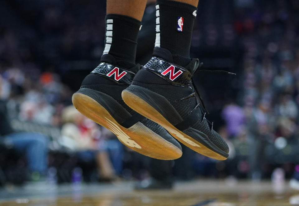 SACRAMENTO, CALIFORNIA - DECEMBER 31: A detailed view of the New Balance basketball shoes the OMN1s worn by Kawhi Leonard #2 of the LA Clippers against the Sacramento Kings during the second half of an NBA basketball game at Golden 1 Center on December 31, 2019 in Sacramento, California. NOTE TO USER: User expressly acknowledges and agrees that, by downloading and or using this photograph, User is consenting to the terms and conditions of the Getty Images License Agreement. (Photo by Thearon W. Henderson/Getty Images)
