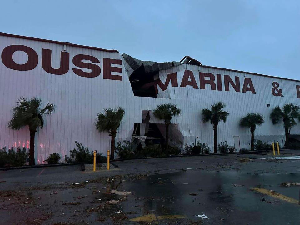 This photo provided by Bay County Sheriff's Office shows storm damage around around Panama City Beach, Fla., in Bay County, early Tuesday, Jan. 9, 2024. A sprawling storm has hit the South with strong thunderstorms and tornado warnings that blew roofs off homes and tossed about furniture in the Florida Panhandle and brought cities across the Midwest to a standstill with more than half of foot of snow. (Bay County Sheriff's Office via AP)