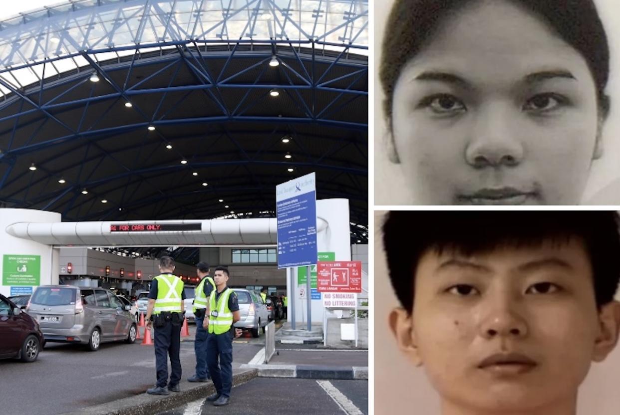 Two Malaysian men were jailed on 29 September 2022 for helping a couple behind an alleged multi-million-dollar luxury goods scam flee Singapore from Tuas Checkpoint. (PHOTOS: Singapore Police Force/Yahoo News Singapore)