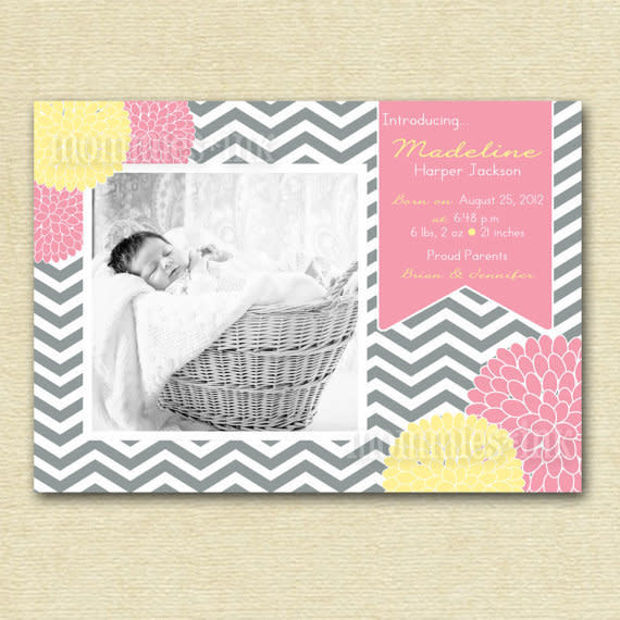 (Etsy/<a href="http://www.etsy.com/listing/99173495/mod-gray-chevron-and-pink-and-yellow?ref=sr_gallery_16&ga_search_query=birth+announcement+chevron&ga_order=most_relevant&ga_view_type=gallery&ga_ship_to=ZZ&ga_min=0&ga_max=0&ga_page=2&ga_search_type=all">MommiesInk</a>, $12.50)