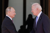 President Joe Biden and Russian President Vladimir Putin, arrive to meet at the 'Villa la Grange', Wednesday, June 16, 2021, in Geneva, Switzerland. (AP Photo/Patrick Semansky)