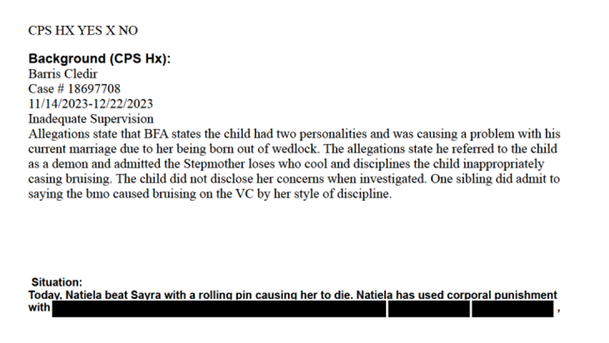 <div>Statements made by a prosecutor in a bond hearing revealed that a Nov. 14 complaint about Sayra Barros' parents, described in this passage from DFCS records, came from her school, Harbins Elementary.</div>