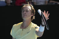 Sebastian Korda of the U.S. reacts as he plays against Hubert Hurkacz of Poland during their fourth round match at the Australian Open tennis championship in Melbourne, Australia, Sunday, Jan. 22, 2023. (AP Photo/Aaron Favila)