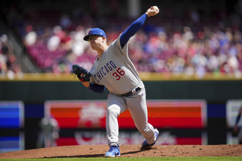 Chicago Cubs' Jordan Wicks throws during the first inning of the first game of a baseball doubleheader against the Cincinnati Reds in Cincinnati, Friday, Sep. 1, 2023. (AP Photo/Aaron Doster)