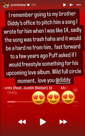 <p>Justin Bieber/Instagram</p> Diddy declines song from Justin Bieber