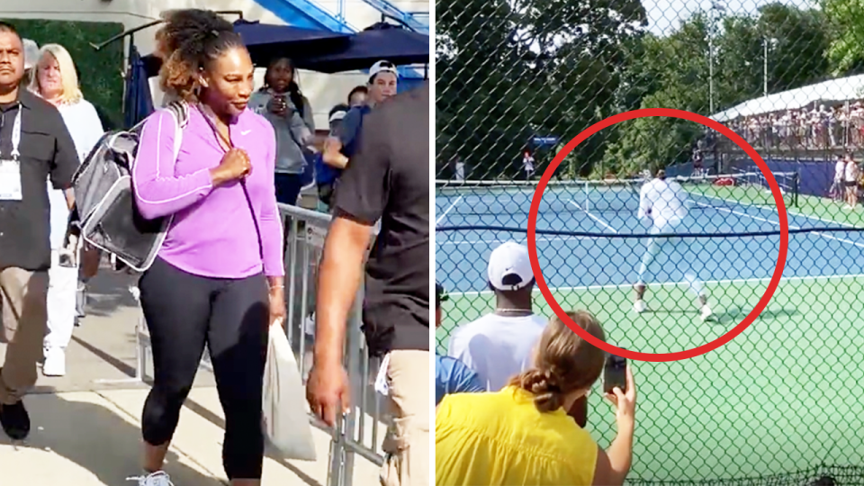 Serena Williams (pictured left) arrives at the Citi Open practice court and (pictured right) Venus Williams training on court.