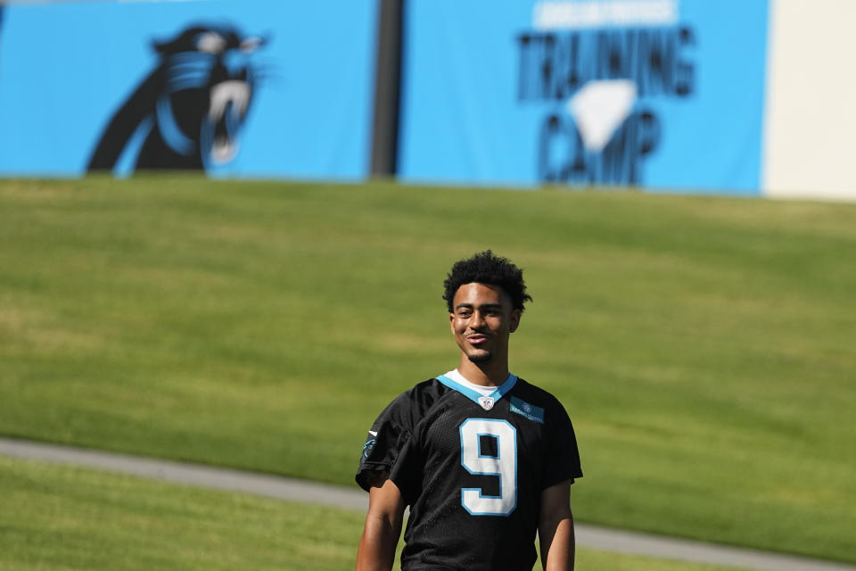 Carolina Panthers quarterback Bryce Young arrives at the NFL football team's training camp on Wednesday, July 26, 2023, in Spartanburg, S.C. (AP Photo/Chris Carlson)