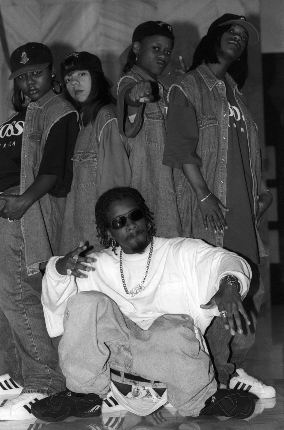 NEW YORK, NEW YORK–MAY 26: Jermaine Dupri appears with the band X-Scape (Tameka “Tiny” Harris; LaTocha Scott; Tamika Scott; Kandi Burruss) in a portrait taken on May 26, 1993 in New York City. (Photo by Al Pereira/Michael Ochs Archives/Getty Images)