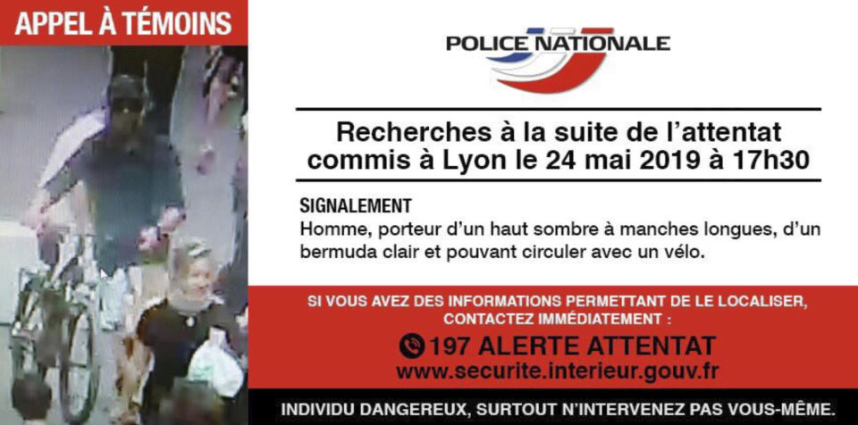 In this May 24, 2019 screen grab taken from the French police website - an image and description of a suspect wanted in connection with an explosion in Lyon. French police are hunting a suspect following an explosion that wounded 13 people in a busy pedestrian street Friday in the city of Lyon. (French Police via AP)