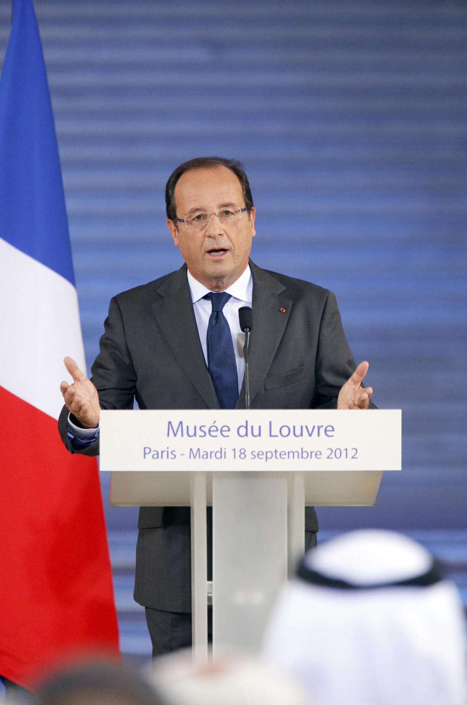 French President Francois Hollande delivers a speech during the official opening ceremony of the new Department of Islamic Arts at the Louvre museum, in Paris, Tuesday, Sept. 18, 2012. The new Louvre department is the largest of its kind in Europe, with 3,000 artifacts on display, gathered from Spain to India and dating back to the seventh century AD. (AP Photo/Pierre Verdy, Pool)