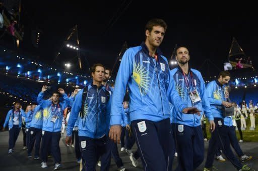 Greece's delegation parades during the opening ceremony of the London 2012 Olympic Games at the Olympic stadium in London