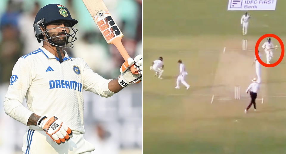 Pictured right is the horror run out involving India teammates Ravindra Jadeja and Sarfaraz Khan.