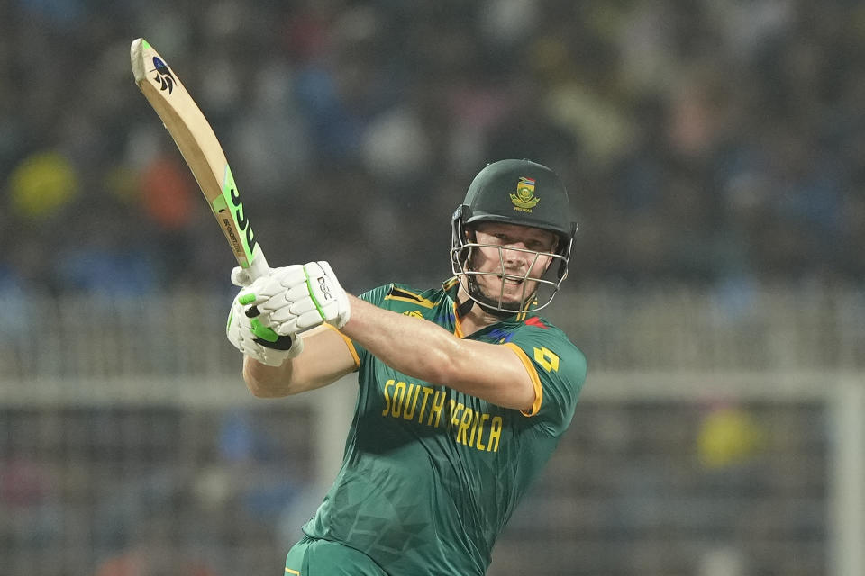 South Africa's David Miller plays a shot during the ICC Men's Cricket World Cup second semifinal match between Australia and South Africa in Kolkata, India, Thursday, Nov. 16, 2023. (AP Photo/Mahesh Kumar A.)