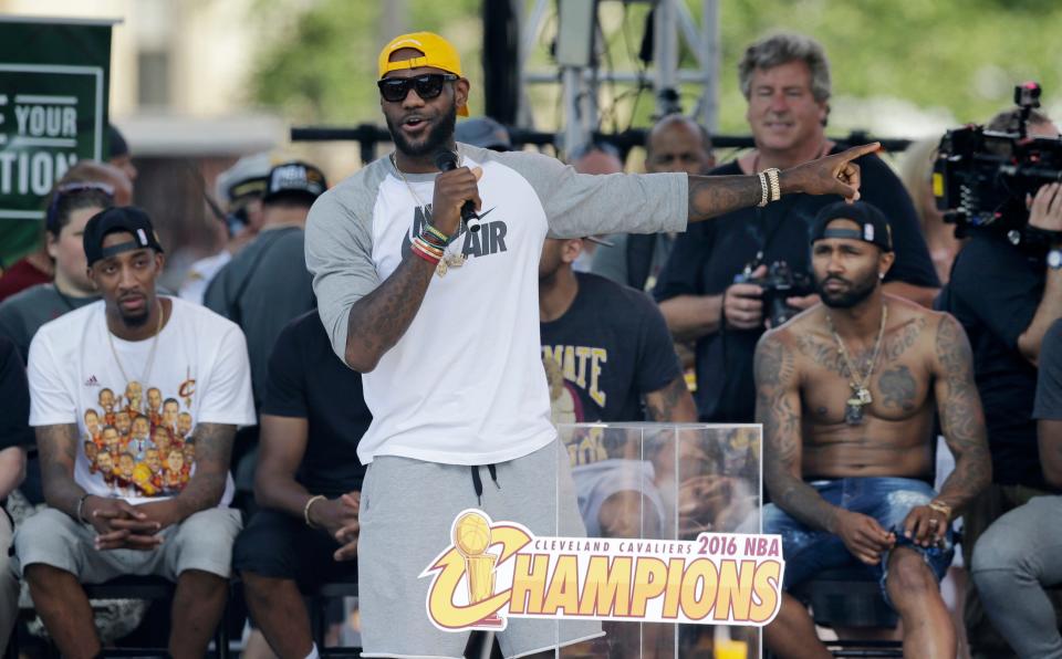 Cleveland Cavaliers' LeBron James talks about his teammates during a rally, Wednesday, June 22, 2016, in Cleveland. The Cavaliers made history by overcoming a 3-1 deficit to beat the Golden State Warriors in the NBA Finals and end the city's 52-year drought without a professional sports championship.