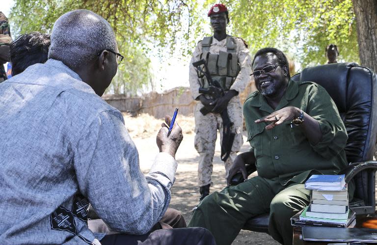 South Sudan's rebel leader Riek Machar meets with UN Special Advisor for the Prevention of Genocide Adama Dieng at an undisclosed location in April 2014