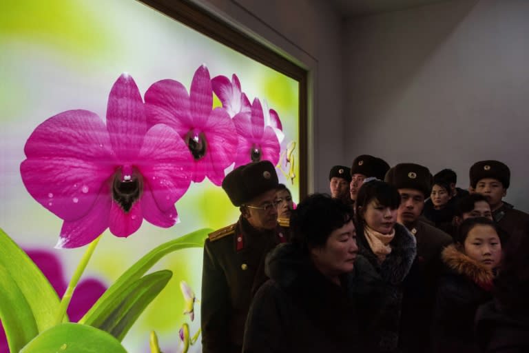 Visitors make their way between floors at a flower show celebrating the 75th anniversary of the birth of Kim Jong-Il, in Pyongyang, on February 17, 2017