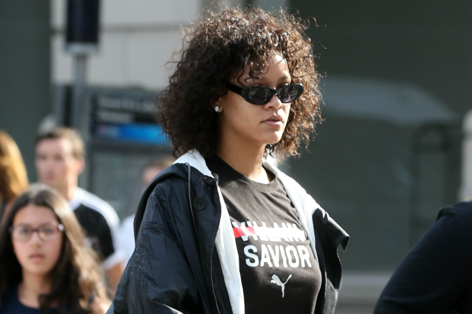 Rihanna, in New York City, wearing Vetements and Puma. (Footwear News)