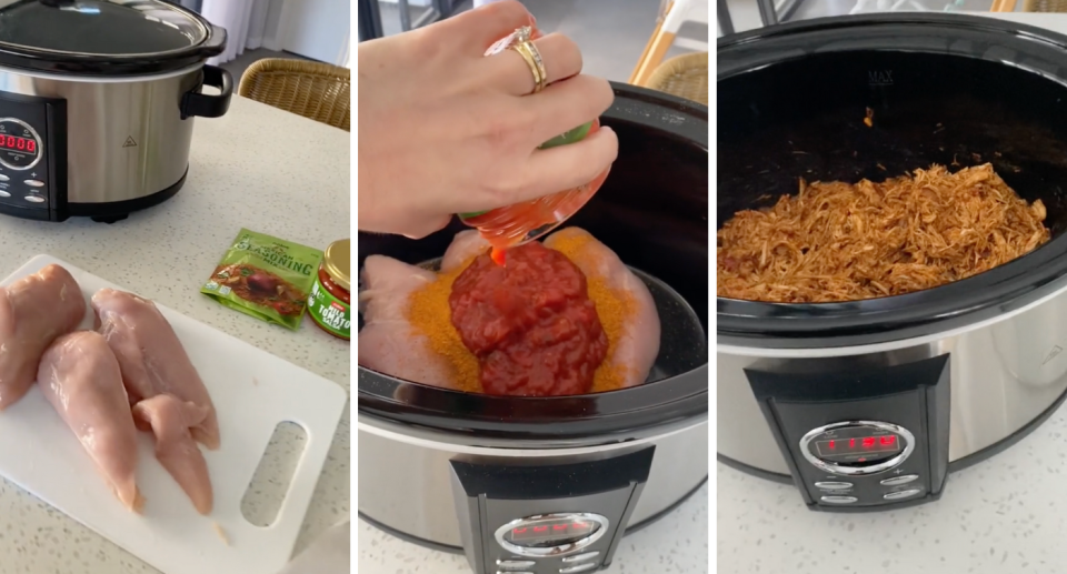 A TikToker using Kmart’s 6.5 Litre Slow Cooker to cook three ingredient Mexican chicken.