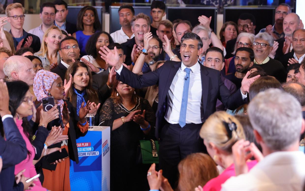 Rishi Sunak speaks at a Conservative Party campaign event at the National Army Museum in Chelsea, west London