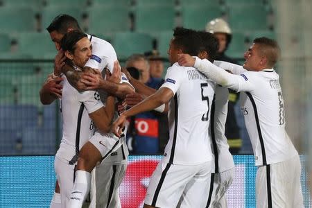 Football Soccer - Ludogorets v Paris Saint-Germain - UEFA Champions League group stage - Group A - Vassil Levski stadium, Sofia, Bulgaria - 28/09/16 - Paris Saint-Germain's players celebrate their second goal. REUTERS/Stoyan Nenov