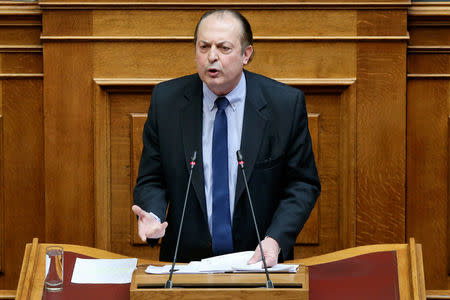 Lawmaker of the Independent Greeks party George Lazaridis delivers a speech during a parliament session in Athens, Greece, March 8, 2018. Picture taken March 8, 2018. Stelios Stefanou/Intimenews via REUTERS