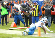 <p>Chicago Bears running back Tarik Cohen leaps over Detroit Lions free safety Glover Quin into the end zone for a touchdown during the second half of an NFL football game, Sunday, Nov. 19, 2017, in Chicago. (AP Photo/Nam Y. Huh) </p>