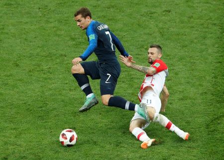Soccer Football - World Cup - Final - France v Croatia - Luzhniki Stadium, Moscow, Russia - July 15, 2018 France's Antoine Griezmann in action with Croatia's Marcelo Brozovic REUTERS/Maxim Shemetov