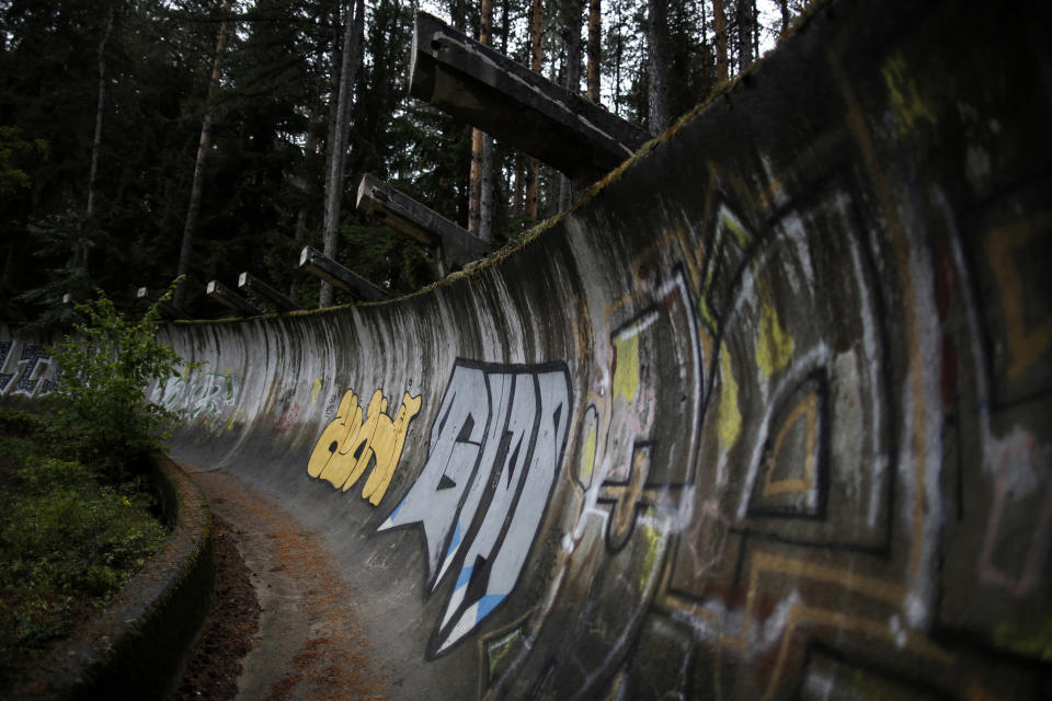 A view of the disused bobsleigh track from the Sarajevo 1984 Winter Olympics on Mount Trebevic, Sept. 19, 2013.