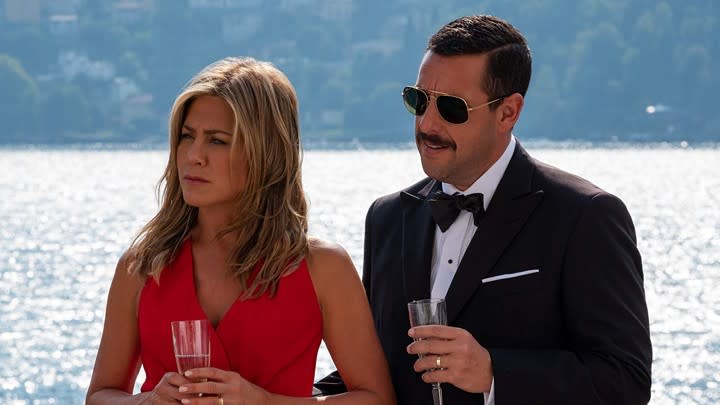 Aniston and Sandler in Murder Mystery (Credit: Netflix)