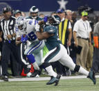 <p>Dallas Cowboys running back Alfred Morris (46) stiff-arms Philadelphia Eagles defensive end Brandon Graham (55) in the first half on Sunday, Nov. 19, 2017 at AT&T Stadium in Arlington, Texas. (Brad Loper/Fort Worth Star-Telegram/TNS) </p>