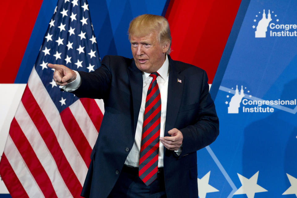 President Donald Trump speaks at the 2019 House Republican Conference Member Retreat Dinner in Baltimore, Thursday, Sept. 12, 2019. (AP Photo/Jose Luis Magana)