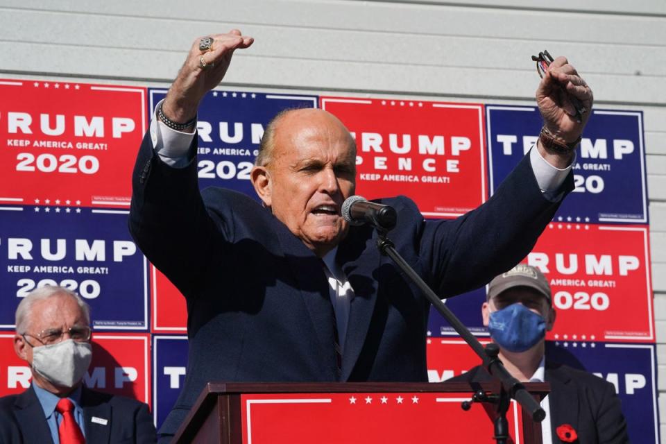 File - Rudy Giuliani, speaks at a news conference in the parking lot of a landscaping company on November 7, 2020 in Philadelphia (AFP via Getty Images)