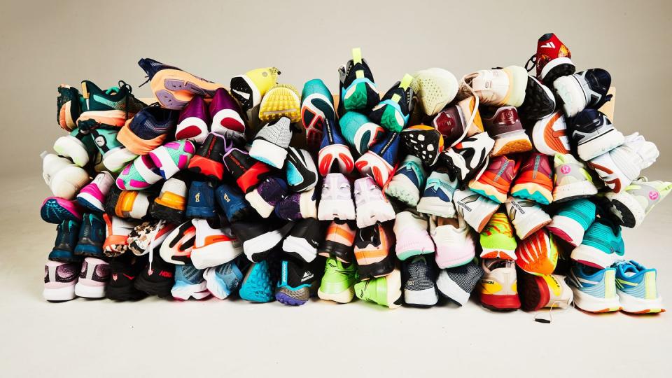 pile of running shoes