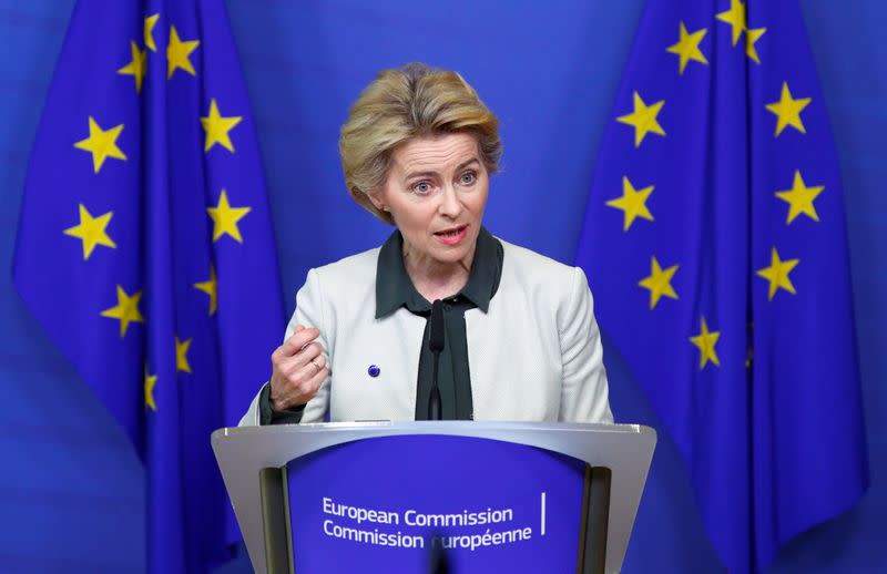 European Commission President Ursula von der Leyen speaks to the media in Brussels