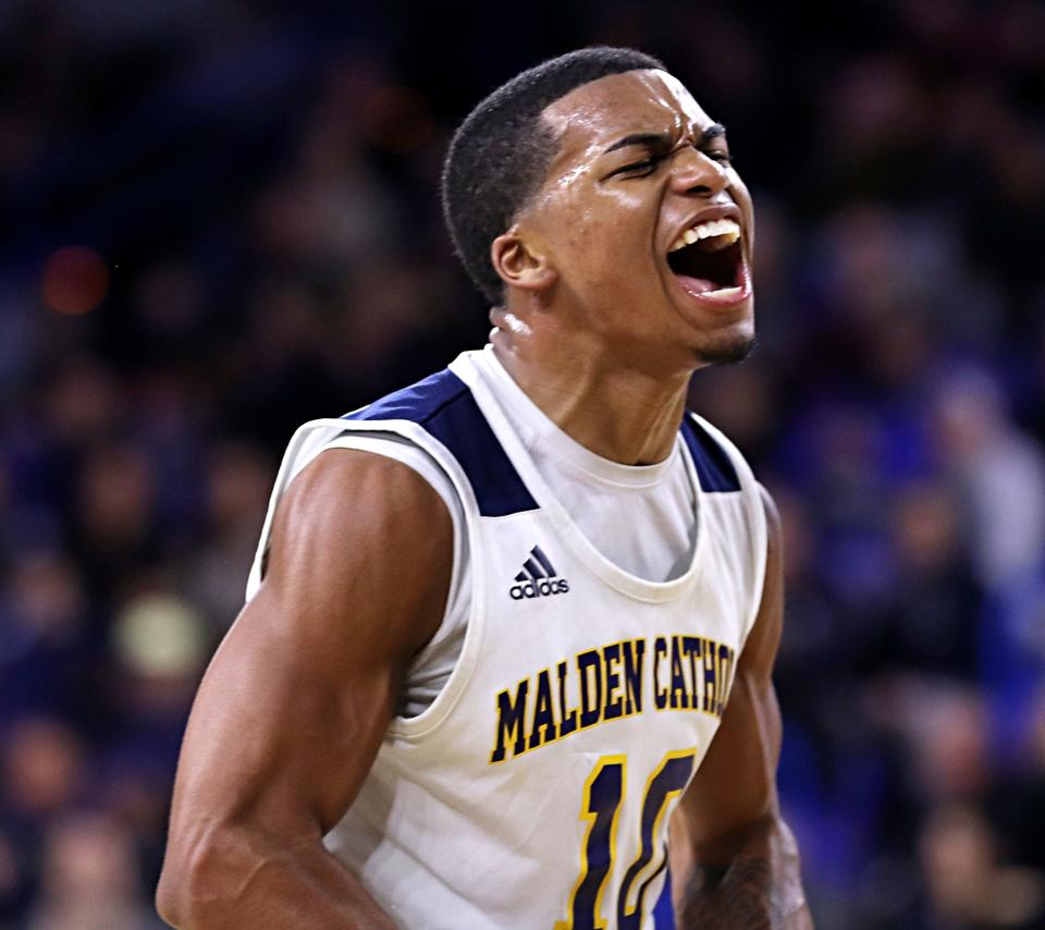 Malden Catholic's Tony Felder Jr., of Brockton, reacts during the Division 2 state title game against Norwood at Tsongas Center in Lowell on Saturday, March 19, 2022.