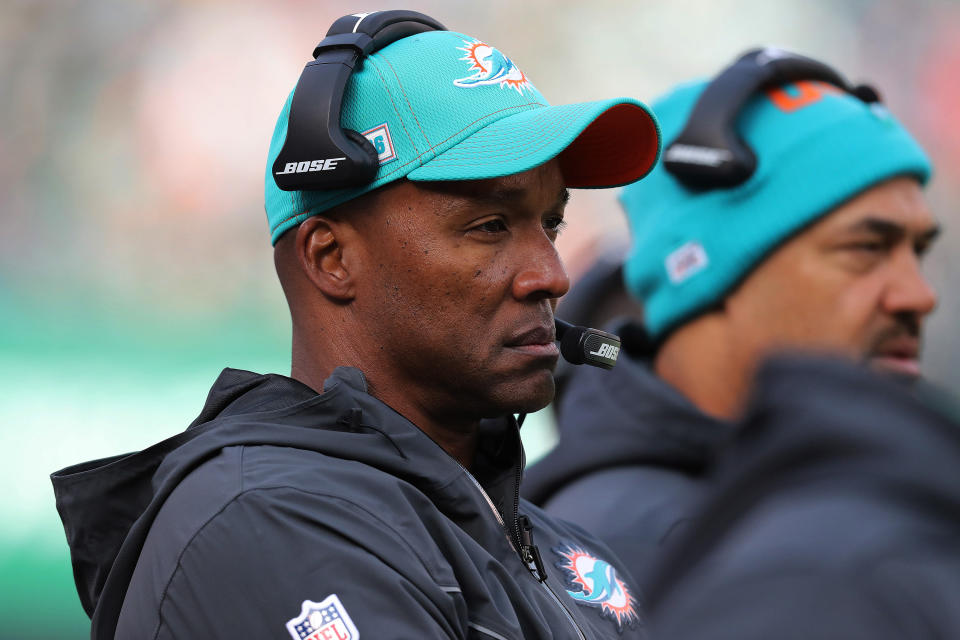 EAST RUTHERFORD, NEW JERSEY - DECEMBER 08: Wide Receivers Coach Karl Dorrell of the Miami Dolphins follows the play against the New York Jets in the first half at MetLife Stadium on December 8, 2019 in East Rutherford, New Jersey. (Photo by Al Pereira/Getty Images)