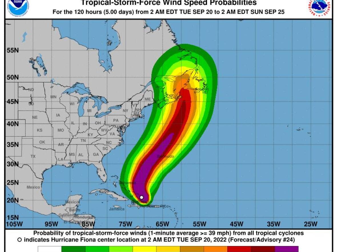 A graphic from the National Hurricane Center shows Hurricane Fiona's path could take the storm over eastern Nova Scotia and western Newfoundland. (National Hurricane Center - image credit)