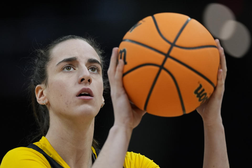 Iowa's Caitlin Clark shoots during a practice for an NCAA Women's Final Four semifinals basketball game Thursday, April 4, 2024, in Cleveland. (AP Photo/Carolyn Kaster)