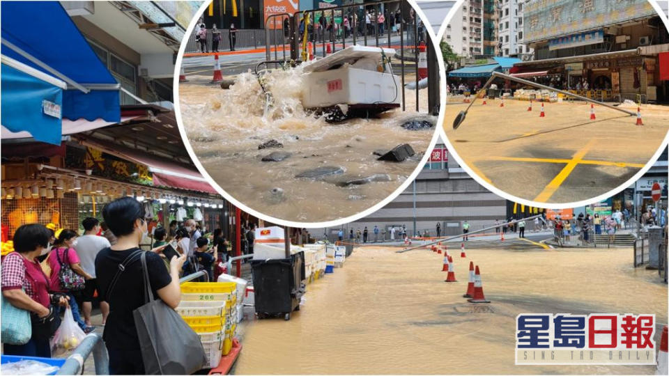 黃泥水湧出路面，有燈柱倒塌。