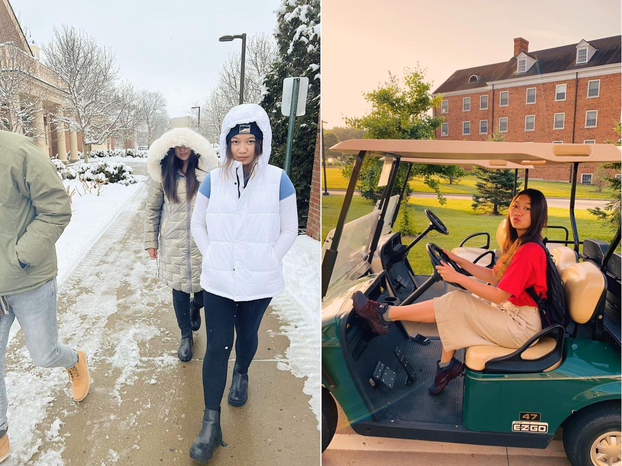A composite image of Do walking through the snow with friends (left), Do on a golf cart (right)