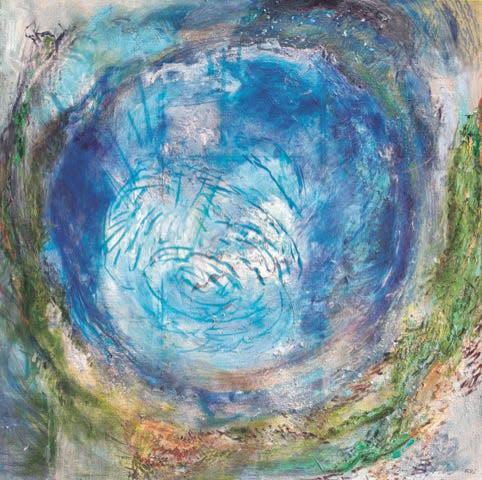 "The Well” by Margaret Ross Tolbert. 2016. Oil and mixed media on canvas, 90 x 90 inches (square piece). This piece depicts the small spring at Silver Glen Springs, where fish circle endlessly, in a well of spring water surrounded by a rocky lip covered with masses of algae pushed back from the powerful flow of the aquifer from caverns beneath.