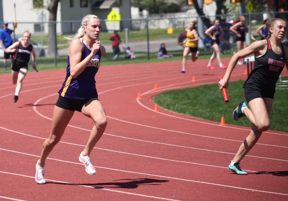 Watertown's Megan Hauger heads for home in the girls' 800-meter relay during the Eastern South Dakota Conferene Track and Field Championships on Saturday, May 11 at Brookings.The Arrows finished fourth in the race.