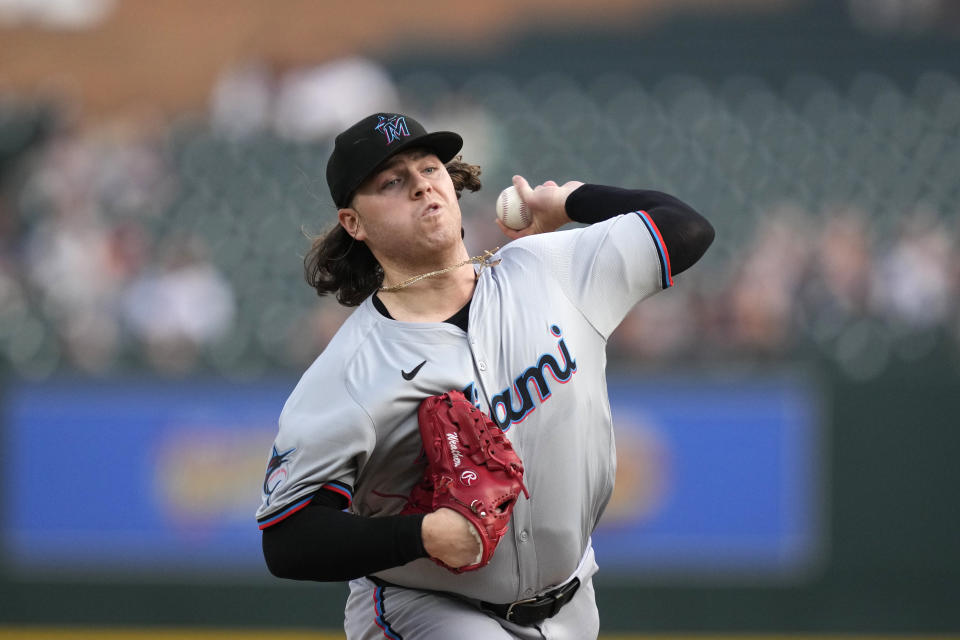 Miami Marlins starting pitcher Ryan Weathers throws during the first inning of a baseball game against the Detroit Tigers, Tuesday, May 14, 2024, in Detroit. (AP Photo/Carlos Osorio)