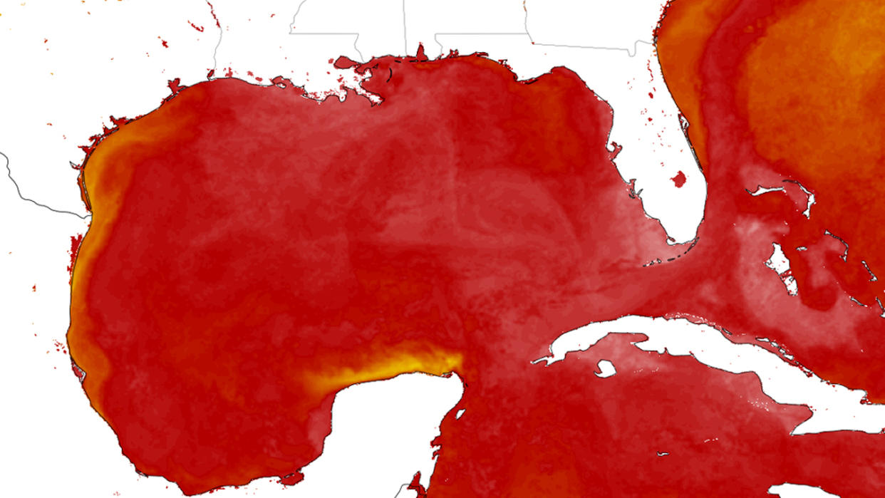A map graphic uses color to indicate high water temperatures in the Gulf of Mexico.