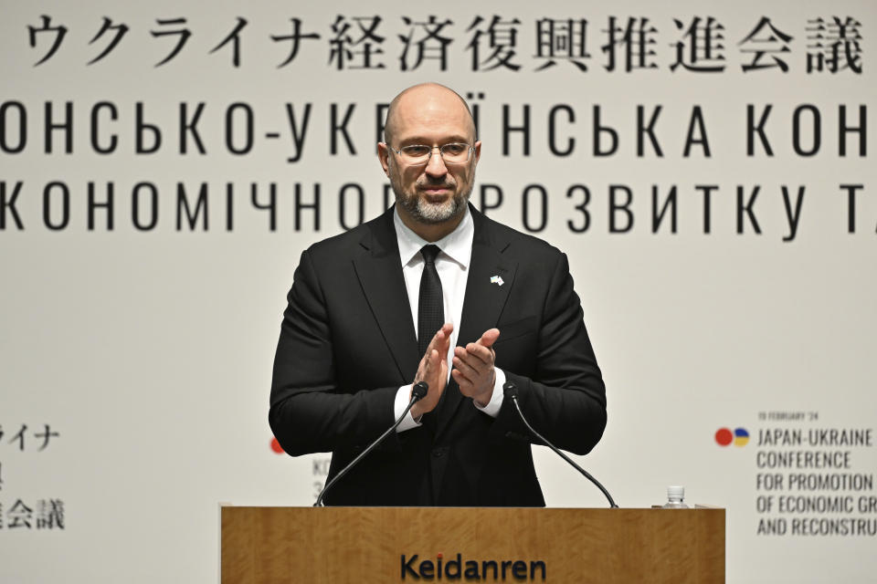 Ukraine's Prime Minister Denys Shmyhal delivers a speech during the Japan-Ukraine Conference for Promotion of Economic Growth and Reconstruction at Keidanren Kaikan in Tokyo on February 19, 2024. (Kazuhiro Nogi/Pool Photo via AP)